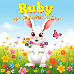 A cheerful, friendly rabbit named Ruby with soft white fur and big, kind eyes, standing upright and holding a small bouquet of colorful flowers