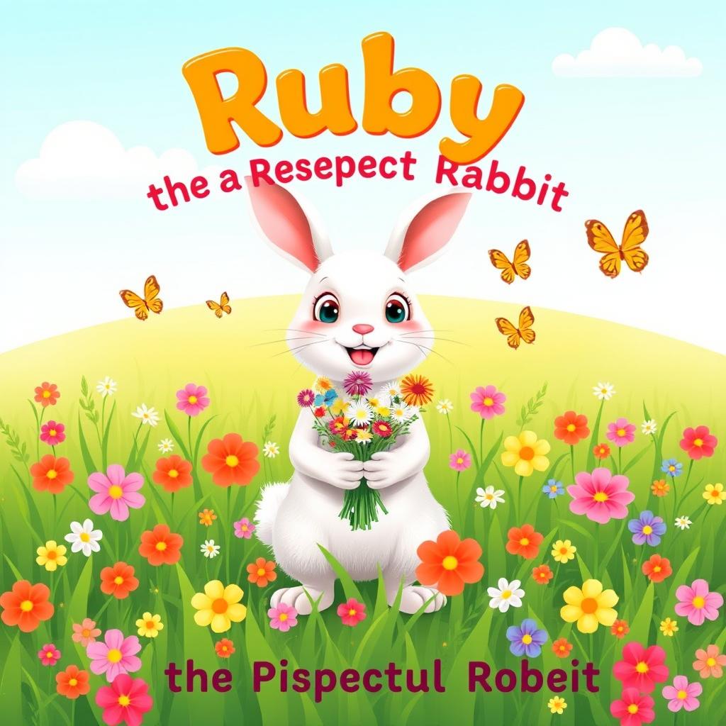 A cheerful, friendly rabbit named Ruby with soft white fur and big, kind eyes, standing upright and holding a small bouquet of colorful flowers