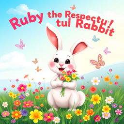 A cheerful, friendly rabbit named Ruby with soft white fur and big, kind eyes, standing upright and holding a small bouquet of colorful flowers