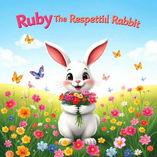 A cheerful, friendly rabbit named Ruby with soft white fur and big, kind eyes, standing upright and holding a small bouquet of colorful flowers