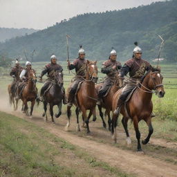 A group of horsemen, clad in their martial attire, deftly handling bows as they gallop towards the farming village, arrows nocked and ready.