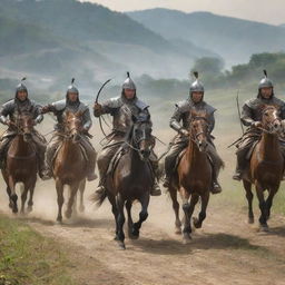 A group of horsemen, clad in their martial attire, deftly handling bows as they gallop towards the farming village, arrows nocked and ready.