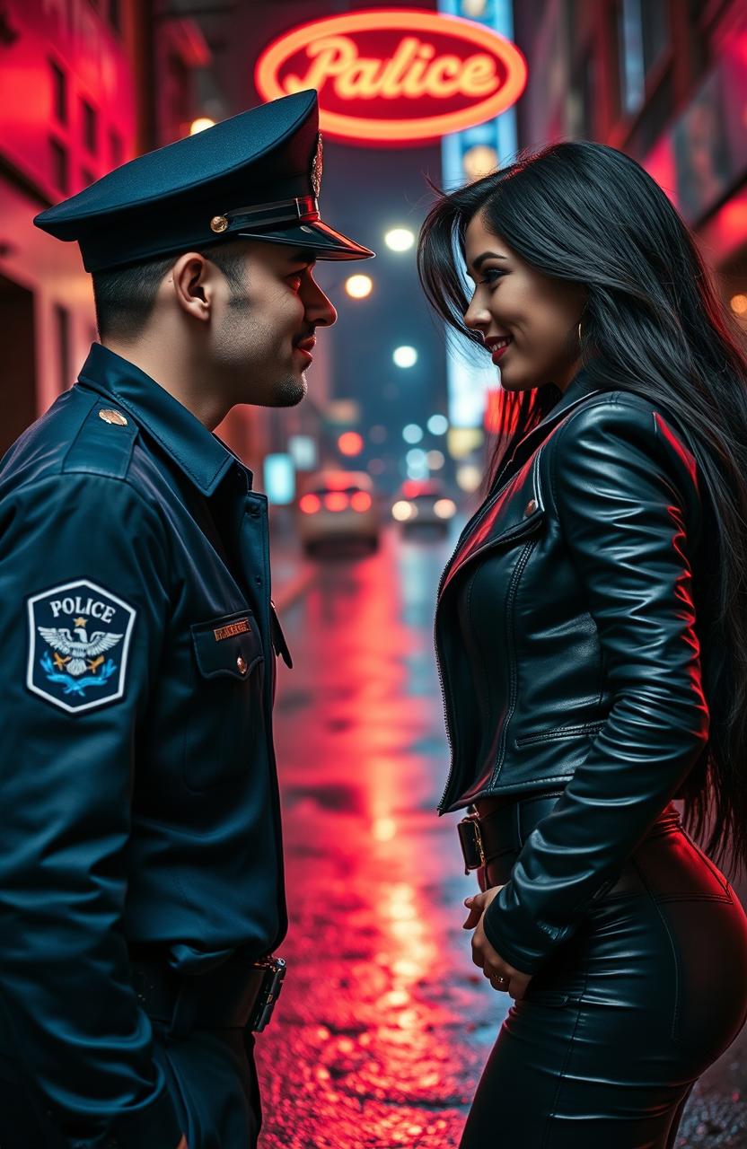 A romantic scene depicting a police officer, smartly dressed in a navy blue uniform and fervently handsome, gazing intently at a strikingly beautiful mafia woman