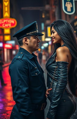 A romantic scene depicting a police officer, smartly dressed in a navy blue uniform and fervently handsome, gazing intently at a strikingly beautiful mafia woman