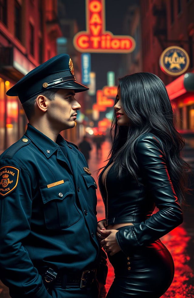 A romantic scene depicting a police officer, smartly dressed in a navy blue uniform and fervently handsome, gazing intently at a strikingly beautiful mafia woman