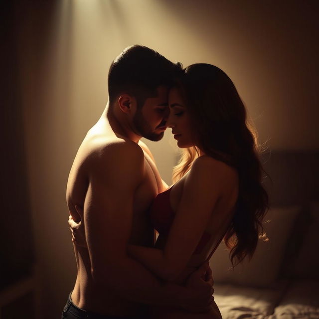 A sensual scene depicting an intimate couple in a romantic atmosphere