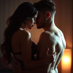 A sensual scene depicting an intimate couple in a romantic atmosphere