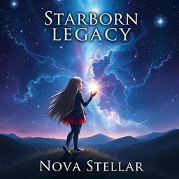 A captivating book cover design for 'Starborn Legacy' by Nova Stellar, featuring a teen girl standing on a hilltop gazing at a vast, starry night sky filled with shimmering stars and a glowing nebula