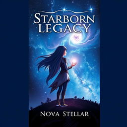 A captivating book cover design for 'Starborn Legacy' by Nova Stellar, featuring a teen girl standing on a hilltop gazing at a vast, starry night sky filled with shimmering stars and a glowing nebula