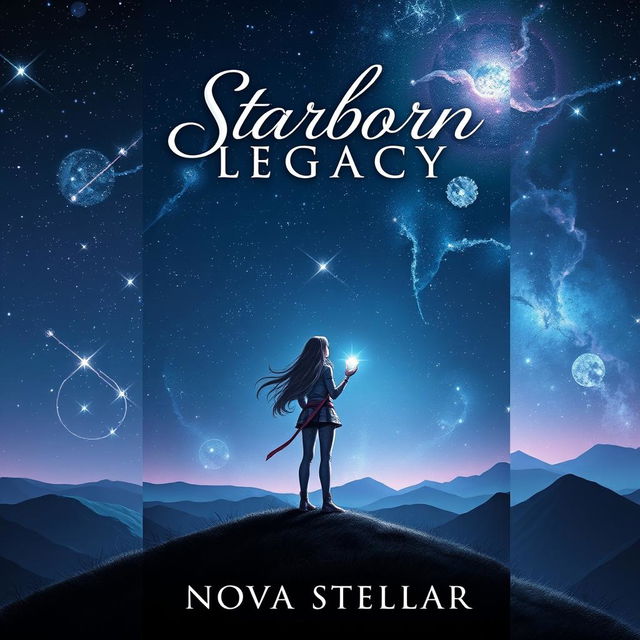 A captivating book cover design for 'Starborn Legacy' by Nova Stellar, featuring a teen girl standing on a hilltop gazing at a vast, starry night sky filled with shimmering stars and a glowing nebula