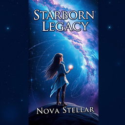 A captivating book cover design for 'Starborn Legacy' by Nova Stellar, featuring a teen girl standing on a hilltop gazing at a vast, starry night sky filled with shimmering stars and a glowing nebula