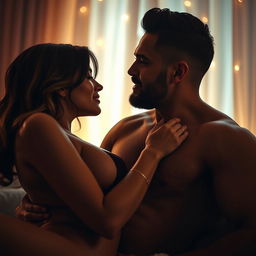 A sensual scene portraying a confident man and a connected woman in an intimate setting, focusing on their shared emotions and chemistry