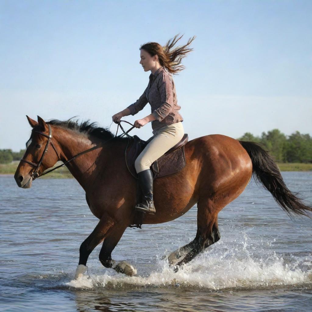 A dynamic image of a girl riding a horse, both in mid-gallop, plunging into water, causing a dramatic splash.