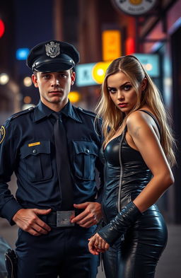 A dramatic scene showcasing a police officer, a strong and noble young man dressed in a neat police uniform, standing confidently