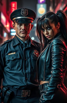 A dramatic scene showcasing a police officer, a strong and noble young man dressed in a neat police uniform, standing confidently