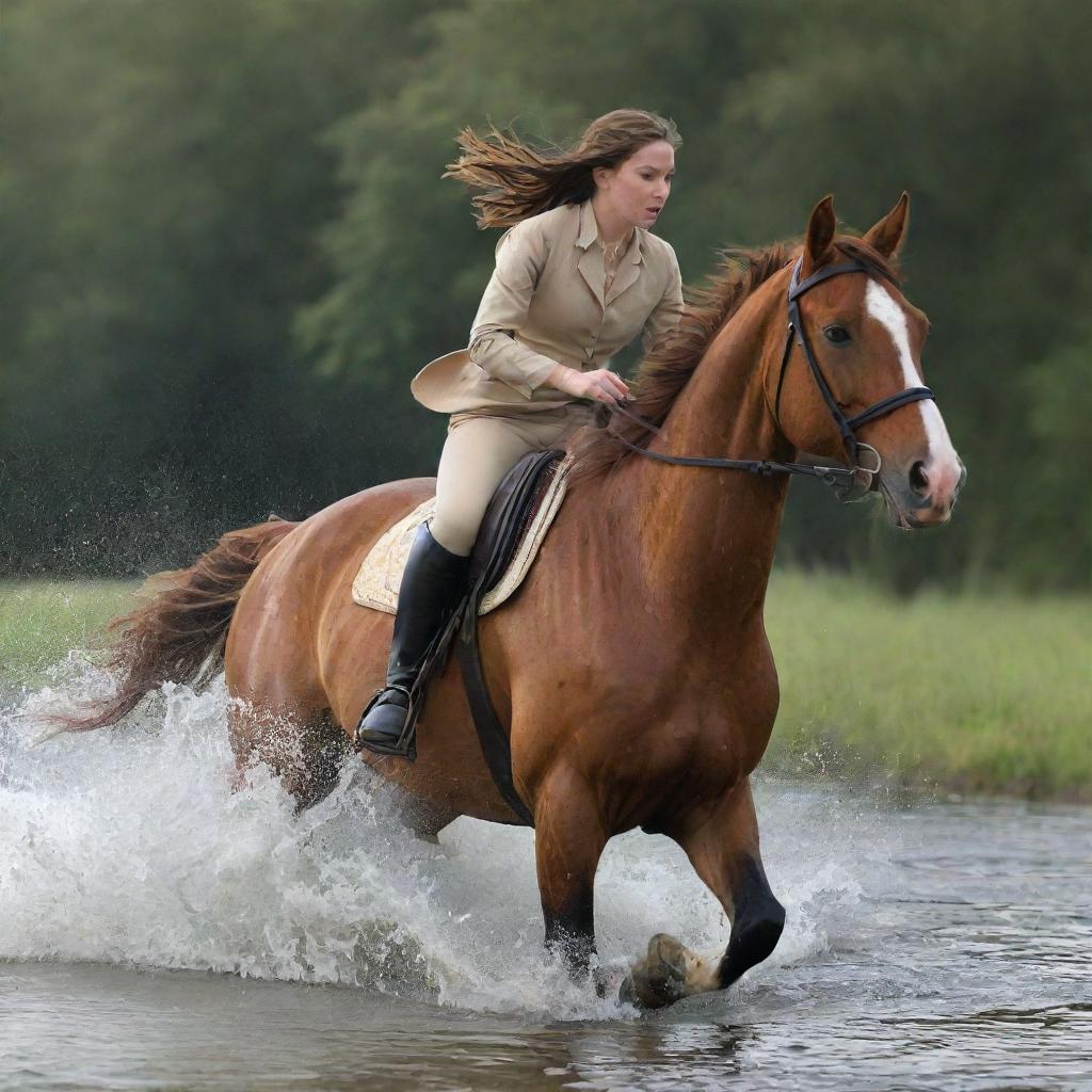 A dynamic image of a girl riding a horse, both in mid-gallop, plunging into water, causing a dramatic splash.