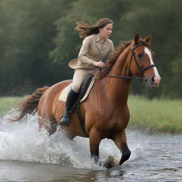 A dynamic image of a girl riding a horse, both in mid-gallop, plunging into water, causing a dramatic splash.