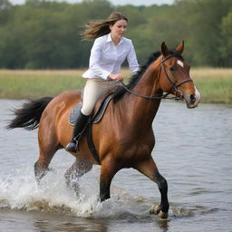 A dynamic image of a girl riding a horse, both in mid-gallop, plunging into water, causing a dramatic splash.