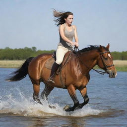 A dynamic image of a girl riding a horse, both in mid-gallop, plunging into water, causing a dramatic splash.