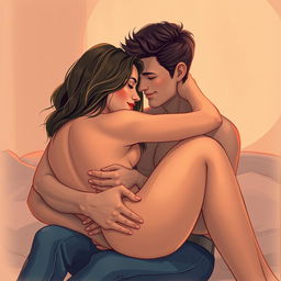 A sensual scene illustrating a passionate moment between a man and a woman in an intimate setting