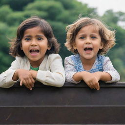 A captivating image of a little girl and boy sitting together on top of a stationary train, their expressions joyous and filled with wonder.