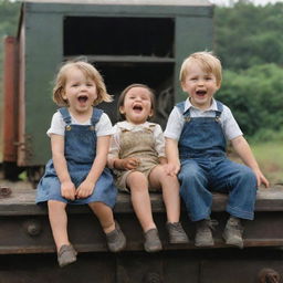 A captivating image of a little girl and boy sitting together on top of a stationary train, their expressions joyous and filled with wonder.