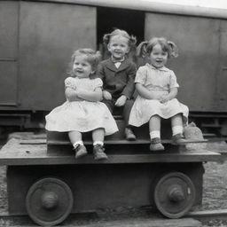 A captivating image of a little girl and boy sitting together on top of a stationary train, their expressions joyous and filled with wonder.