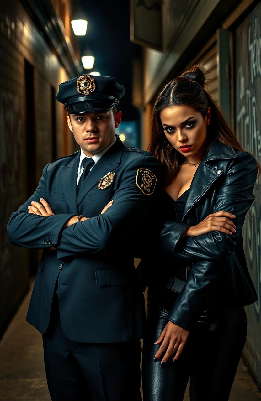 A dramatic scene featuring a police officer, a young man in a sharp, well-fitted uniform with a determined expression, standing confidently with his arms crossed