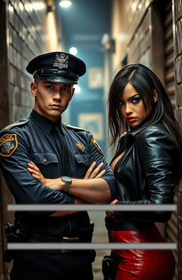 A dramatic scene featuring a police officer, a young man in a sharp, well-fitted uniform with a determined expression, standing confidently with his arms crossed