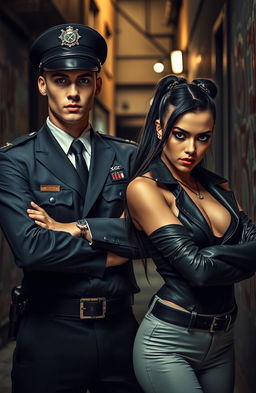 A dramatic scene featuring a police officer, a young man in a sharp, well-fitted uniform with a determined expression, standing confidently with his arms crossed