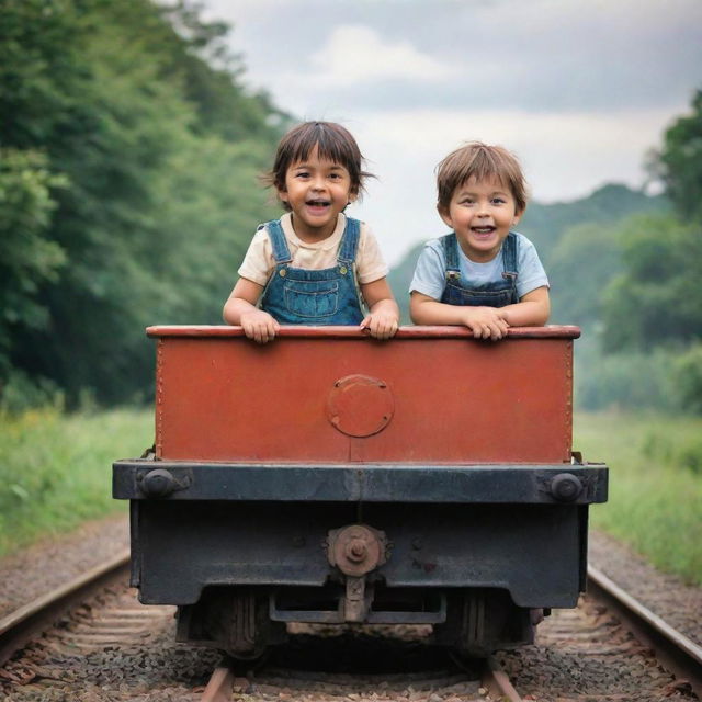 A captivating image of a little girl and boy sitting together on top of a stationary train, their expressions joyous and filled with wonder.