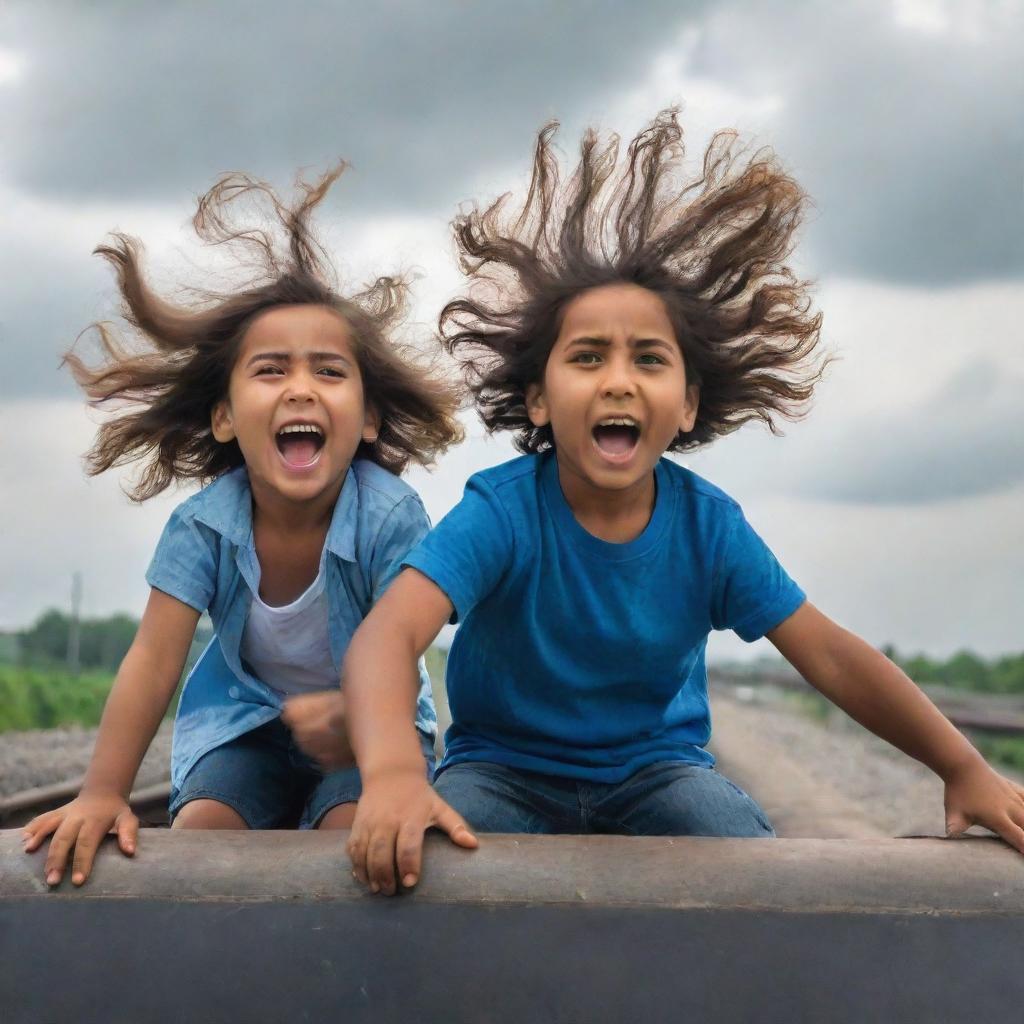 A thrilling image showcasing a little girl and boy sitting on the roof of a train in motion, their hair blowing in the wind and expressions alive with excitement.