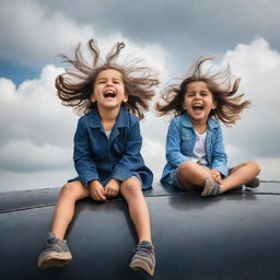 A thrilling image showcasing a little girl and boy sitting on the roof of a train in motion, their hair blowing in the wind and expressions alive with excitement.