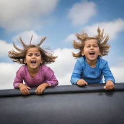 A thrilling image showcasing a little girl and boy sitting on the roof of a train in motion, their hair blowing in the wind and expressions alive with excitement.