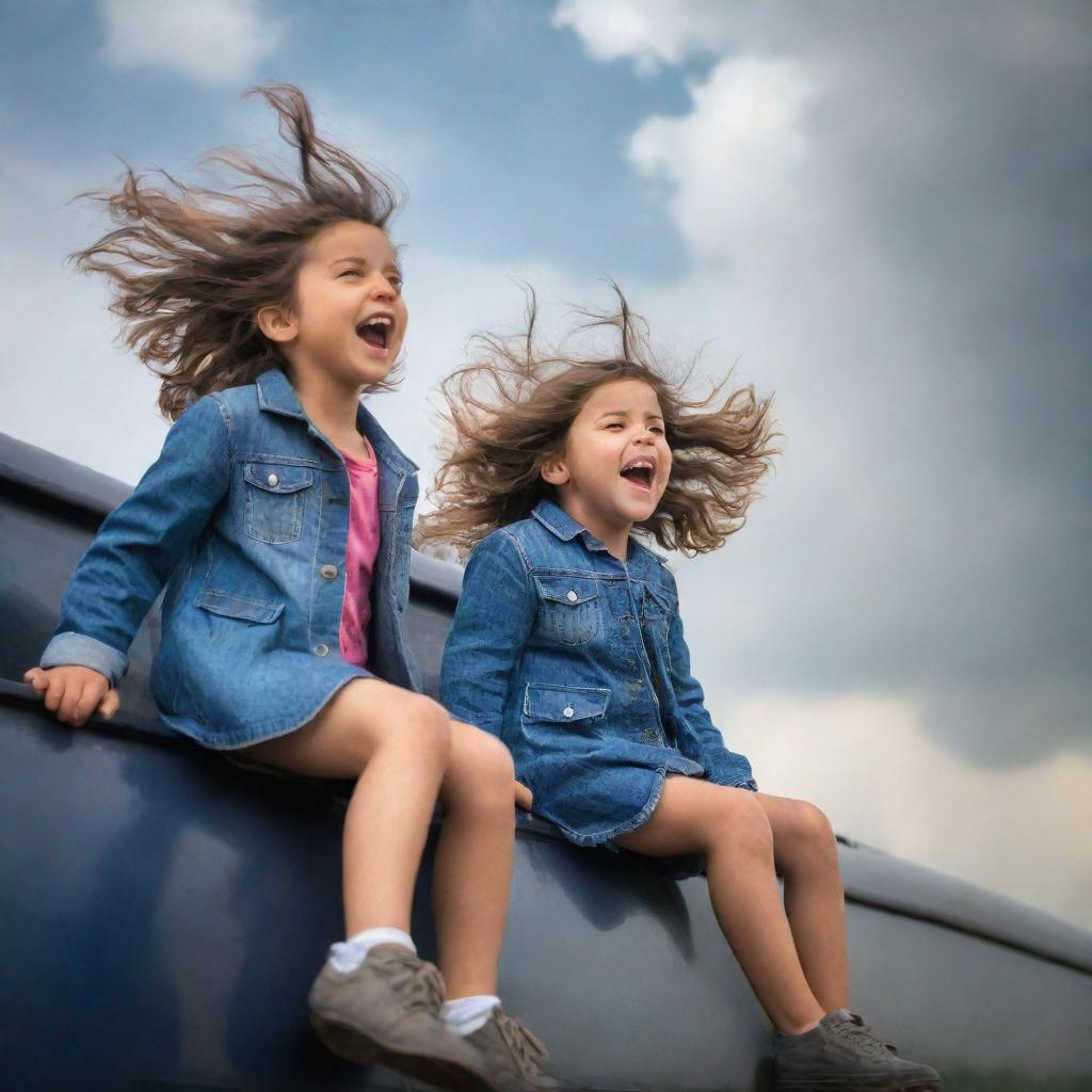 A thrilling image showcasing a little girl and boy sitting on the roof of a train in motion, their hair blowing in the wind and expressions alive with excitement.