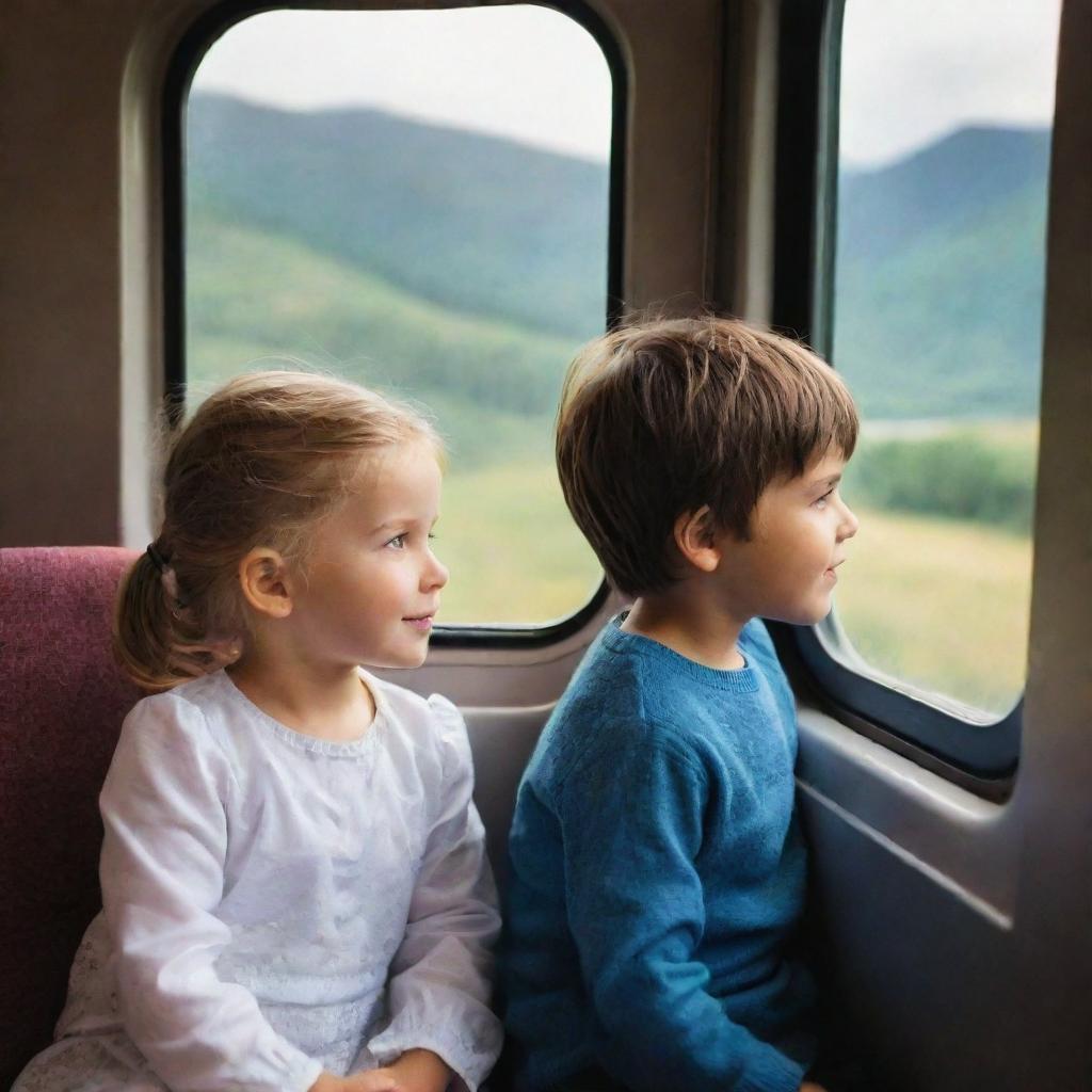 An endearing image of a little girl and boy inside a train, sitting together and looking through the window at the stunning landscape flowing by.