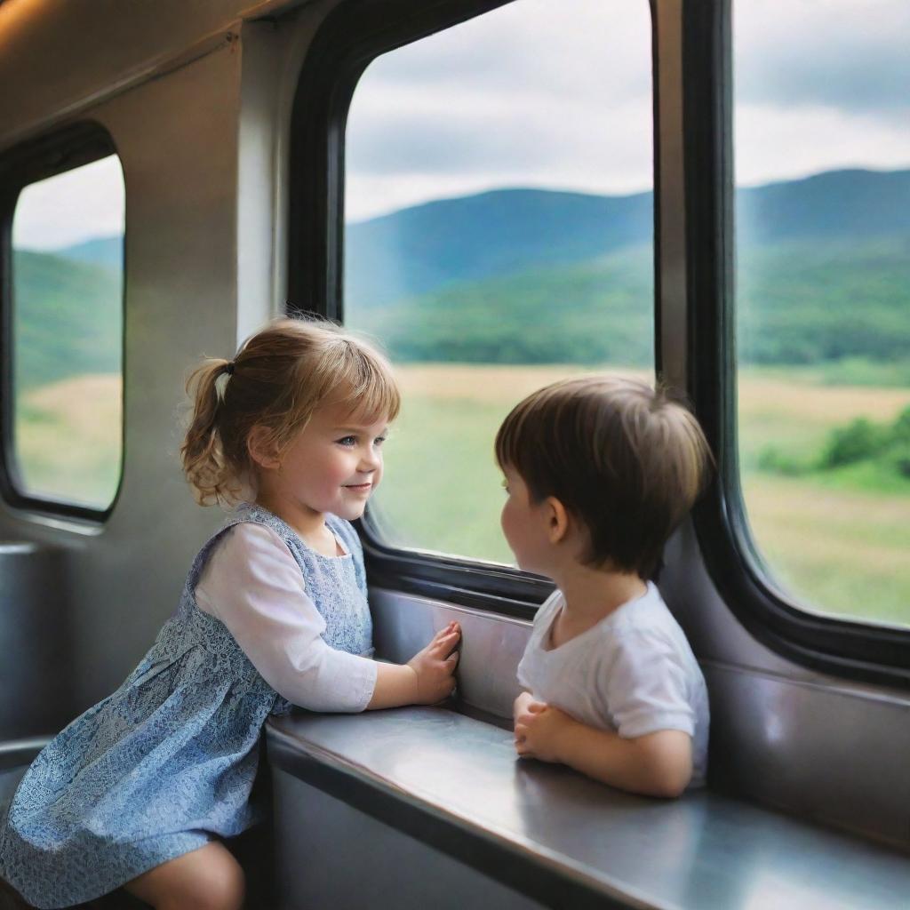 An endearing image of a little girl and boy inside a train, sitting together and looking through the window at the stunning landscape flowing by.