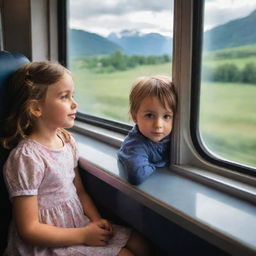 An endearing image of a little girl and boy inside a train, sitting together and looking through the window at the stunning landscape flowing by.