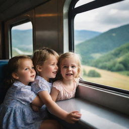 An endearing image of a little girl and boy inside a train, sitting together and looking through the window at the stunning landscape flowing by.