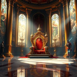 A stunning digital painting of a royal throne room, filled with intricate details and regal elements, ideal for a fantasy novel cover