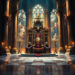 A stunning digital painting of a royal throne room, filled with intricate details and regal elements, ideal for a fantasy novel cover