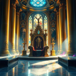 A stunning digital painting of a royal throne room, filled with intricate details and regal elements, ideal for a fantasy novel cover