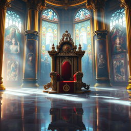 A stunning digital painting of a royal throne room, filled with intricate details and regal elements, ideal for a fantasy novel cover