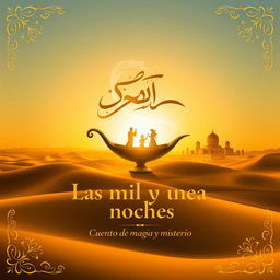 A captivating cover design for 'Las mil y una noches', featuring a golden desert landscape at sunset with soft dunes stretching into the horizon
