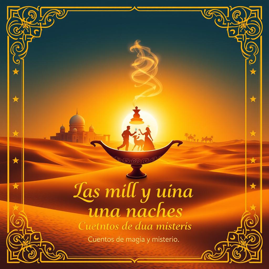 A captivating cover design for 'Las mil y una noches', featuring a golden desert landscape at sunset with soft dunes stretching into the horizon