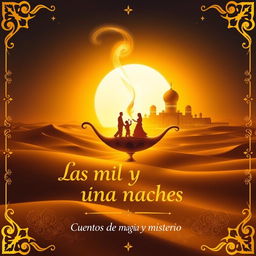 A captivating cover design for 'Las mil y una noches', featuring a golden desert landscape at sunset with soft dunes stretching into the horizon