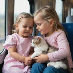 A heart-warming image of a four-year-old girl and a two-year-old boy sitting inside a train, gazing out of the window, and lovingly stroking a tiny cat nestled between them.