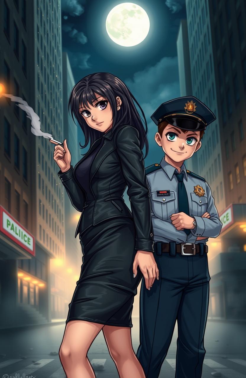 A dramatic scene depicting a Mafia Girl and a Police Boy in a nighttime urban setting