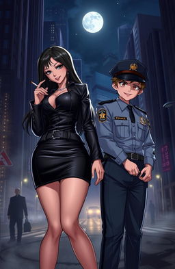A dramatic scene depicting a Mafia Girl and a Police Boy in a nighttime urban setting