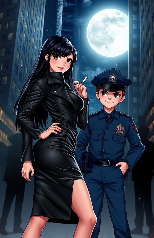 A dramatic scene depicting a Mafia Girl and a Police Boy in a nighttime urban setting